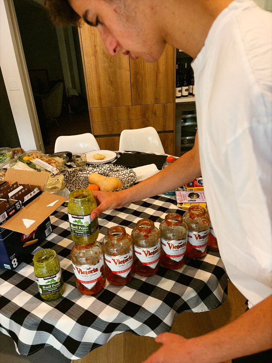 Fresh ingredients and sauces lined up during meal prep